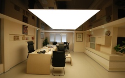 Цветной потолок в офис со светопрозрачной вставкой
